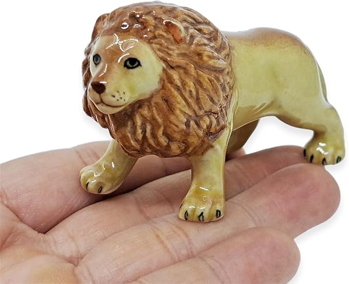 WitnyStore Tiny 3" Brown Standing Lion Figurine - Miniature Hand Made Ceramic Panthera Wild Cats Lions Tiger Jaguar Leopard Panthers Animals Small Porcelain Decorative Collectible Figures Décor Gifts