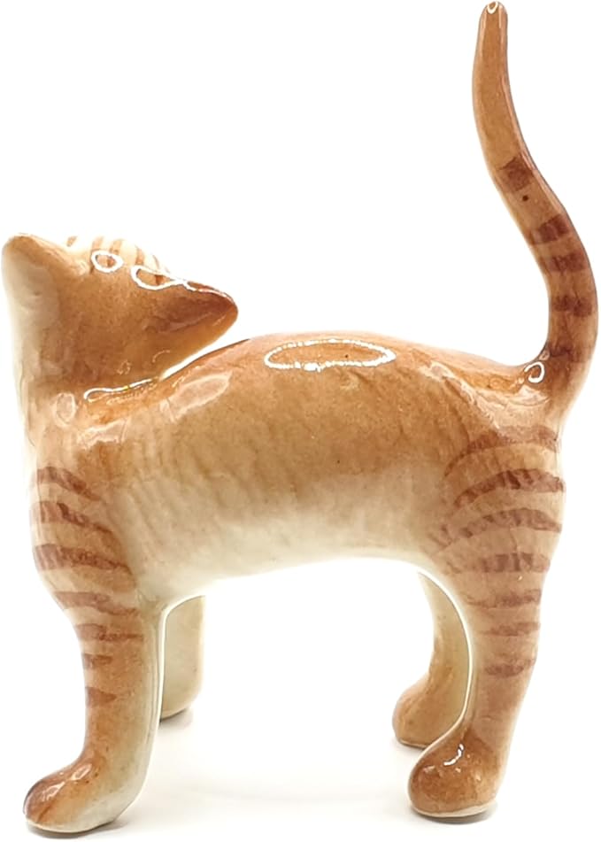 WitnyStore Tiny 2" Brown White Tabby Shorthair Cat Standing Look Up Figurine - Miniature Hand Made Painted Ceramic Cats Kitten Feline Animal Cute Porcelain Decorative Collectible Figurines Décor Gifts