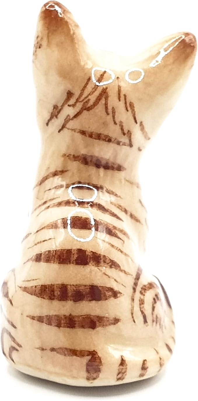 WitnyStore Tiny 1⅛" Brown Tabby Shorthair Cat Sitting Tilt Head Figurine - Miniature Hand Made Painted Ceramic Cats Kitten Feline Animal Cute Porcelain Decorative Collectible Figurines Décor Gifts