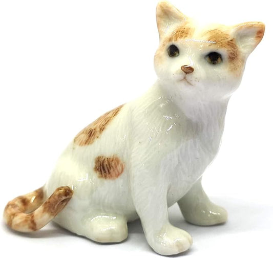 ZOOCRAFT Ceramic Cat Figurine Porcelain Handmade Miniatures Collectible White Brown Sitting