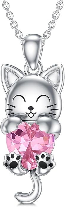 LONAGO Cat Necklace with Heart Birthstone Cat Pendant Necklace Sterling Silver Gifts for Women