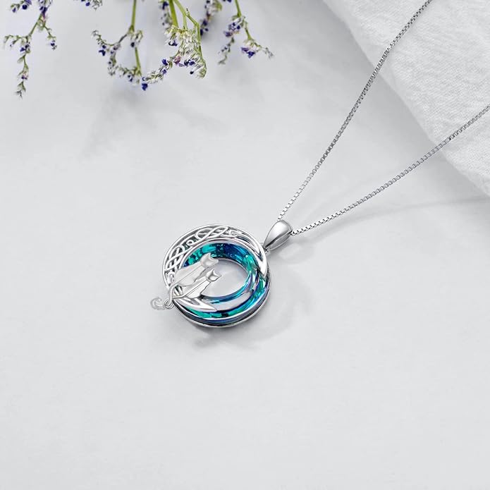 TOUPOP Cat Gifts for Cat Lovers 1 2 3 Cats Necklace Sterling Silver Cat on the Moon Pendant Necklace with Blue Circle Crystal Birthday Christmas Celtic Jewelry Gifts for Women