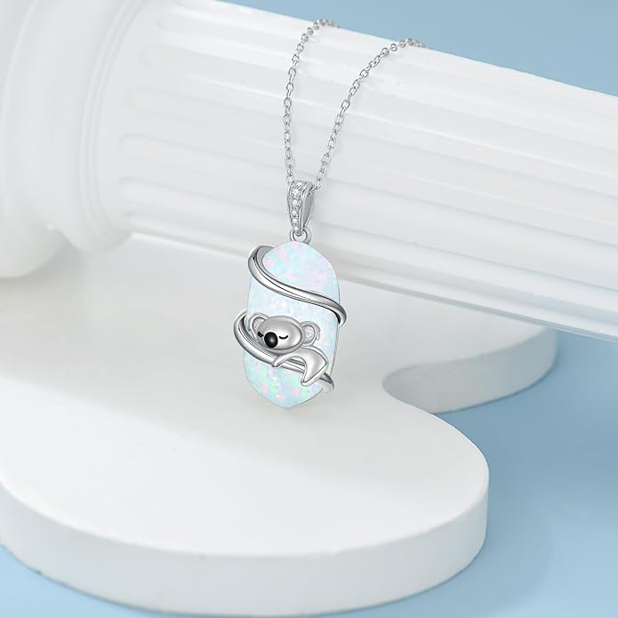 Opal Mama Bear/Panda/Cat/Koala/Sloth/Cardinal/Unicorn Necklace 925 Sterling Silver Opal Animal Pendant Jewelry Birthday Gifts Women Her Mom