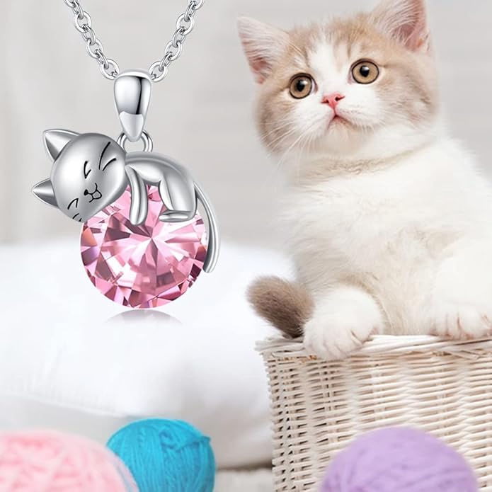 LONAGO Cat Necklace with Birthstone 925 Sterling Silver Cat Pendant Necklace Gift for Women