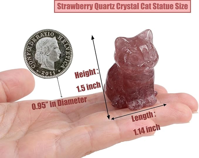 DUQGUHO Cat Decor Strawberry Quartz Cat Crystal Figurines Crystals Gifts for Cat Lovers Men Women Lucky Cute Cat Statue for Room Desk Decor 1PC