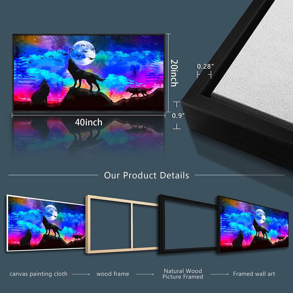 Framed Canvas Wolf Landscape Painting Canvas Wall Art For Living Room Bathroom Wall Decor For Bedroom Kitchen Artwork Canvas Art Prints Modern Office Home Decorations Blue Starry Sky Hang Pictures