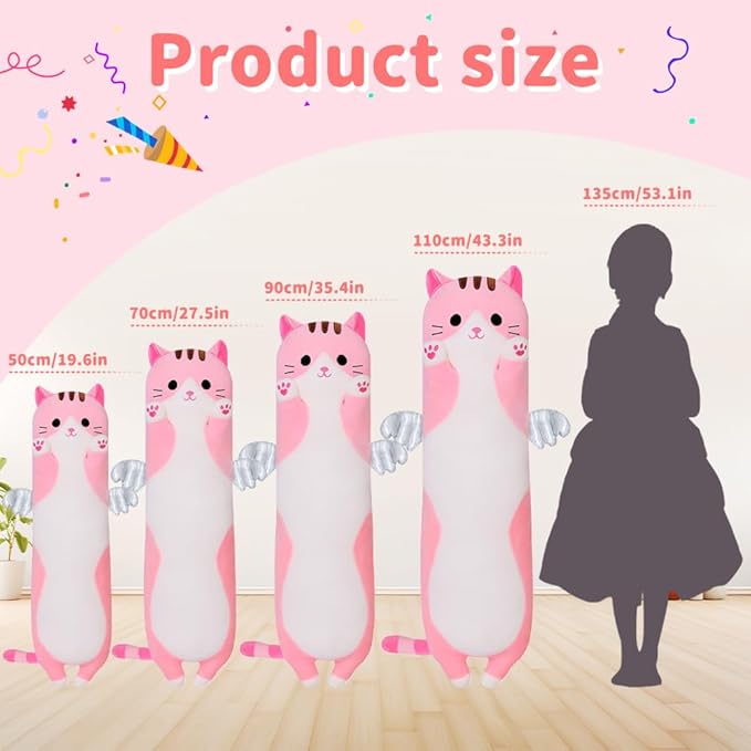 Long Plush Toy Cat Pillow Cute Plush Cat Toy Doll Stuffed Animal Cat Hugging Pillow for Sleeping Gift for Kids and Girls(Pink,110cm/43.3in)