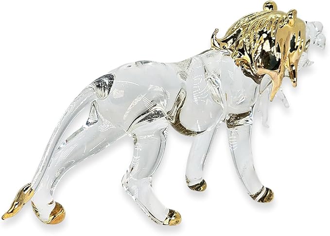 WitnyStore Tiny 5" Long Clear Gold Standing Lion Roaring Figurine - Miniature Hand Blown Painted Glass Panthera Wild Cat Small Crystal Wildlife Animals Decorative Collectible Figurines Décor Gifts
