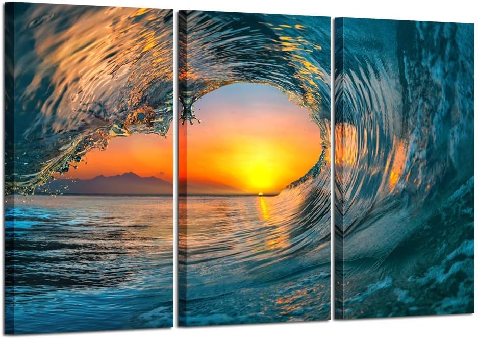 KREATIVE ARTS Large 3 Pieces Canvas Prints Wall Art Sunset Sea Water Ocean Wave Pictures Paintings Modern Stretched and Framed Seascape Giclee Artwork Ready to Hang for Living Room Home Decorations