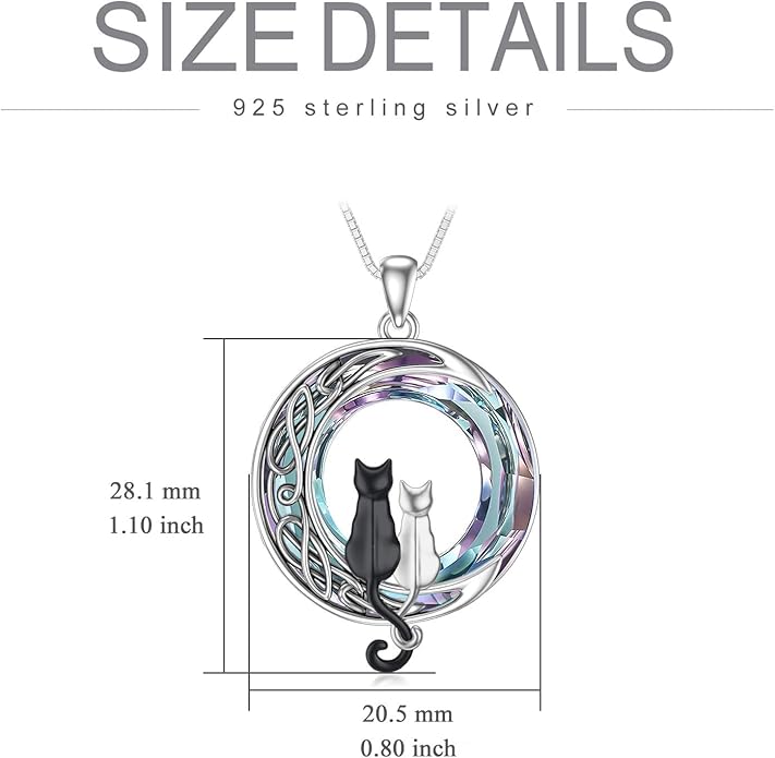 TOUPOP Cat Gifts for Cat Lovers 1 2 3 Cats Necklace Sterling Silver Cat on the Moon Pendant Necklace with Blue Circle Crystal Birthday Christmas Celtic Jewelry Gifts for Women