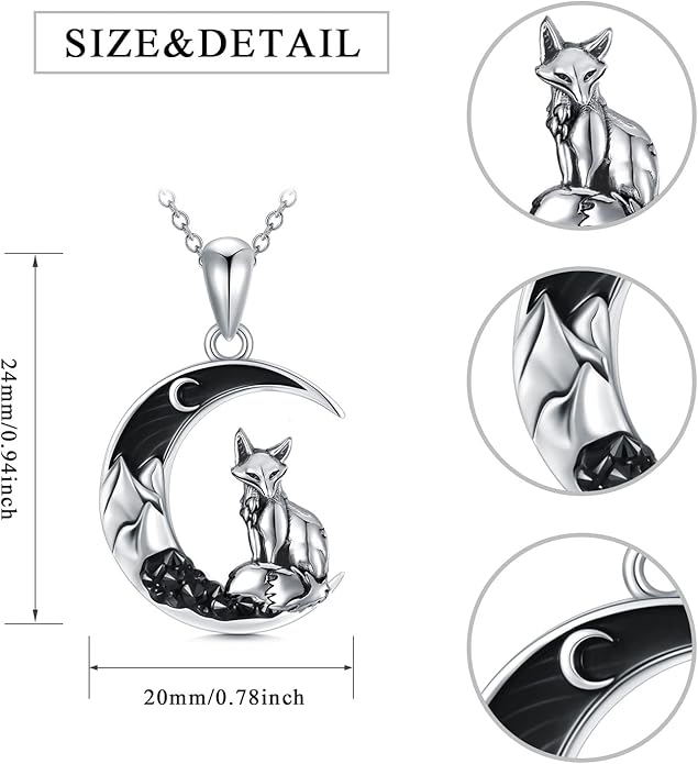 Gothic Jewelry Bat/Cat/Wolf/Dragon/Owl/Fox/Spider/Sun Pendant Sterling Silver Crescent Moon Necklace for Women Girls Black Jewelry Gifts