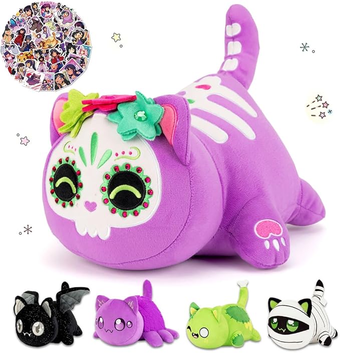 61-PCS 丨 9.8-inches Purple Ghost Cat Plush + 60-Sticker - Cat Plush Collection - 100% Polyester Plushie Pillow Embroidered - Cat Stuffed Animal (Purple Ghost Cat)