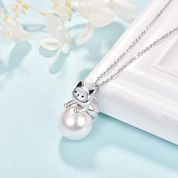 Dreamboat Cat Pearl Necklace for Women - 925 Sterling Silver Kitten Pendant - Cute Animals Jewelry