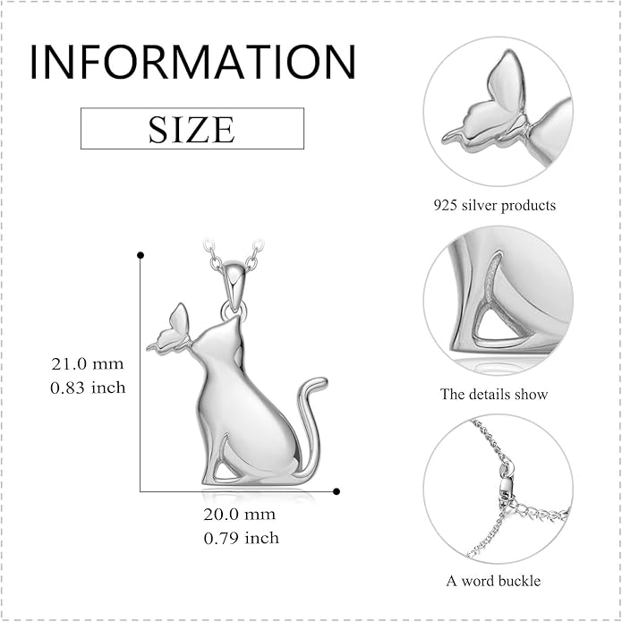 LONAGO Cat Necklace with Butterfly 925 Sterling Silver Cat Pendant Necklace Gift for Women