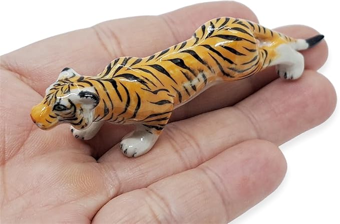 WitnyStore Tiny 3" Orange Ambushing Tiger Figurine - Miniature Hand Made Ceramic Panthera Wild Cats Lion Tigers Jaguar Leopard Panthers Animal Small Porcelain Decorative Collectible Figure Décor Gifts