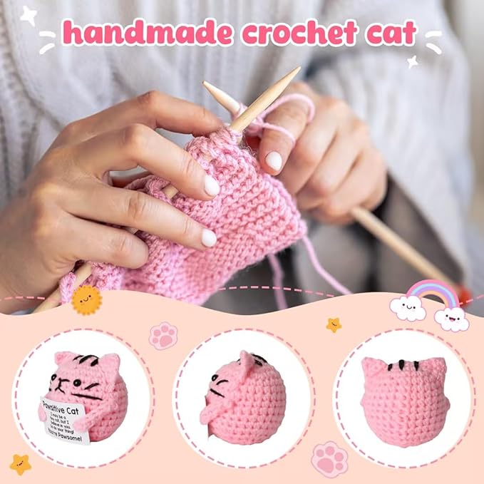 Positive Cat Crochet for Friend Mom Grandma Dad Grandpa Daughter Son Aunt,Pink Cat Gifts for Cat Lover,Emotional Sister Brother Support Small Birthday Gifts Pink