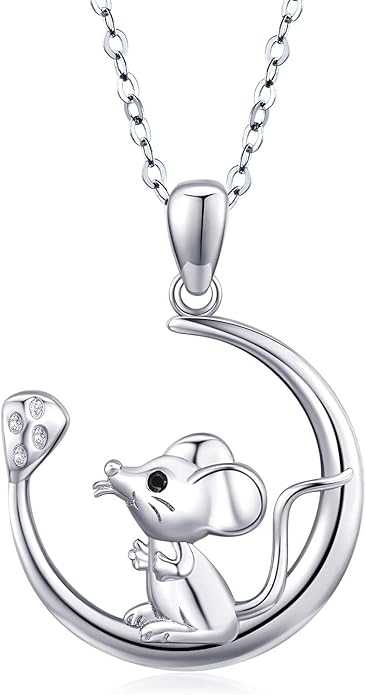 JUSTKIDSTOY Mouse Necklace 925 Sterling Silver Rat on the Moon Pendant Necklace Cute Animal Jewelry Gifts for Women