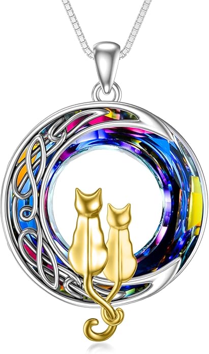 TOUPOP Cat Gifts for Cat Lovers 1 2 3 Cats Necklace Sterling Silver Cat on the Moon Pendant Necklace with Blue Circle Crystal Birthday Christmas Celtic Jewelry Gifts for Women