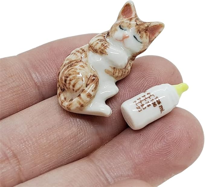 WitnyStore Tiny 1" Long Brown White Tabby Shorthair Cat Sleeping Figurine - Miniature Hand Made Painted Ceramic Cats Kitten Feline Animal Cute Porcelain Decorative Collectible Figurines Décor Gifts