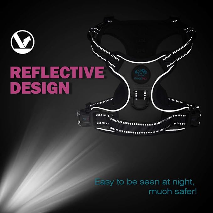 PHOEPET Reflective Dog Harness No Pull Large Breed Vest with 2 Metal Leash Attachment Hooks(L, Purple)