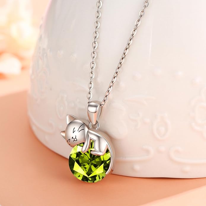 LONAGO Cat Necklace with Birthstone 925 Sterling Silver Cat Pendant Necklace Gift for Women