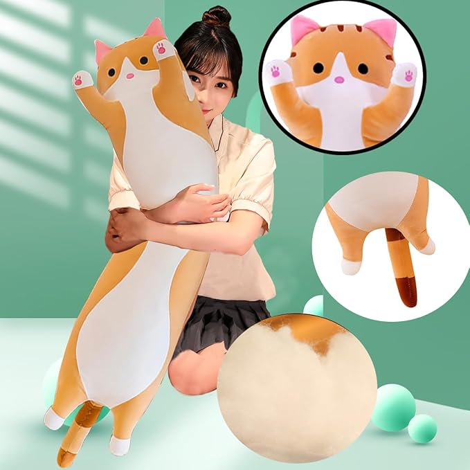 Orange Cat Long Plush Pillow Kitty Stuffed Animals Soft Sleeping Throw Pillow Doll Toy (Orange,18inches)