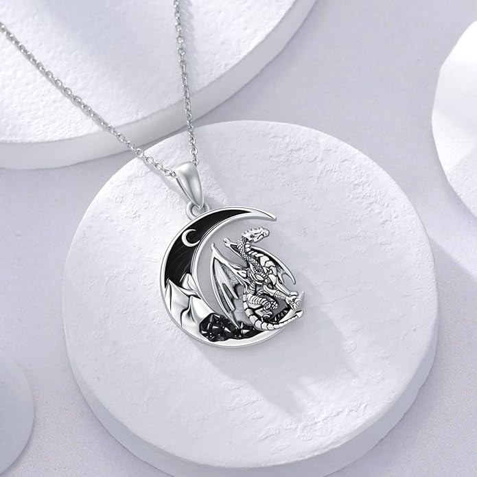 Gothic Jewelry Bat/Cat/Wolf/Dragon/Owl/Fox/Spider/Sun Pendant Sterling Silver Crescent Moon Necklace for Women Girls Black Jewelry Gifts