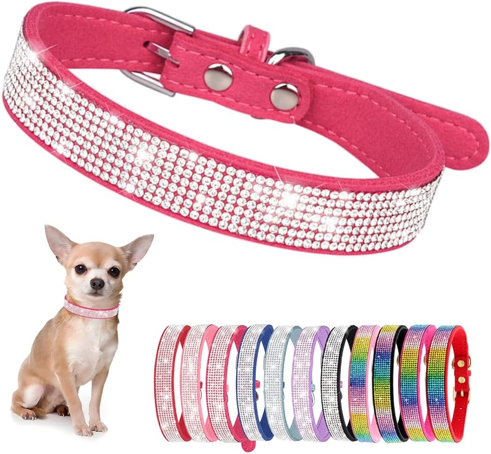 Rhinestone Dog Collar for Small Dogs, Bling Diamond Fancy Crystal Glitter Pretty Jewel Pet Puppy Collars for XXS XS Small Medium Large Breed Girl Dogs Female Cats Kitten, Hot Pink XXSmall
