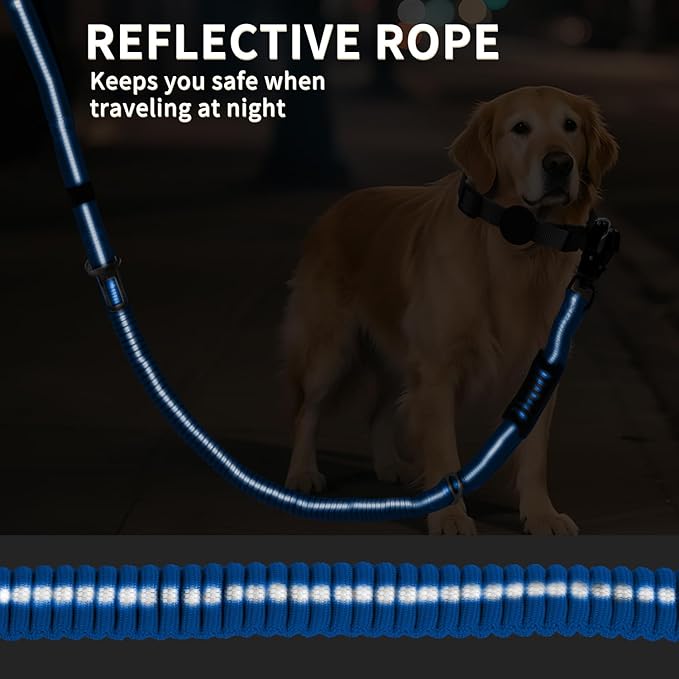 Heavy Duty Tactical Bungee Dog Leash, 4-6FT Shock Absorbing Tactical Dog Leash with 2 Padded Handles, Metal Carabiner Clip,Car Seatbelt, Reflective Dog Leashs for Medium Large Dogs (Blue)