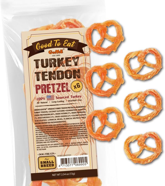 Gootoe Turkey Tendons for Dogs – All-Natural, Hypoallergenic Dog Treats, Rawhide Alternative, Long Lasting Puppy Chews, Healthy Dog Treats for Small Breeds, Pretzel (S), 6 Count Pack