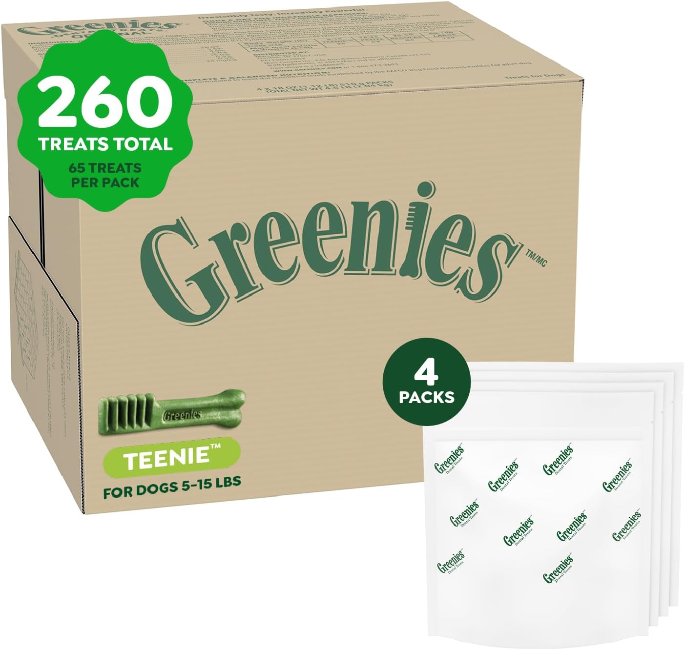 Greenies Original Teenie Dental Dog Treats, (4) 65 ct Packs (260 Treats)