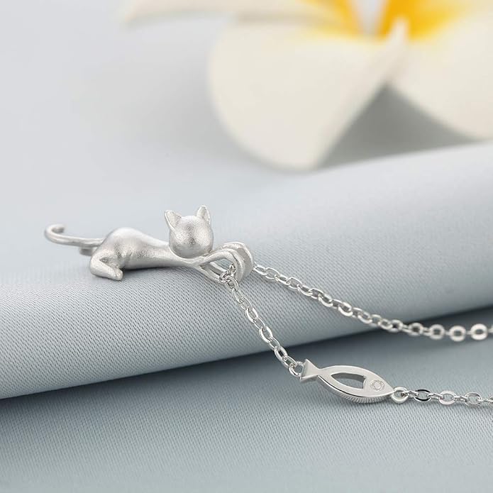 jiamiaoi 18K White Gold Plated Cat Necklace 925 Sterling Silver Diamond Cat Necklace Silver Cat On Moon Necklace for Women Gift for Birthday/Christmas, Come with Gift Box