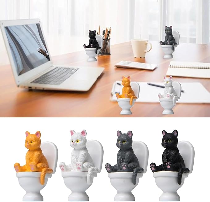 White Miniature Cat Figure Sitting On Toilet Cat Statue Figurine Resin Home Decor Cartoon Animal Garden Statues,Garden Miniatures Arden Sculptures and Statues