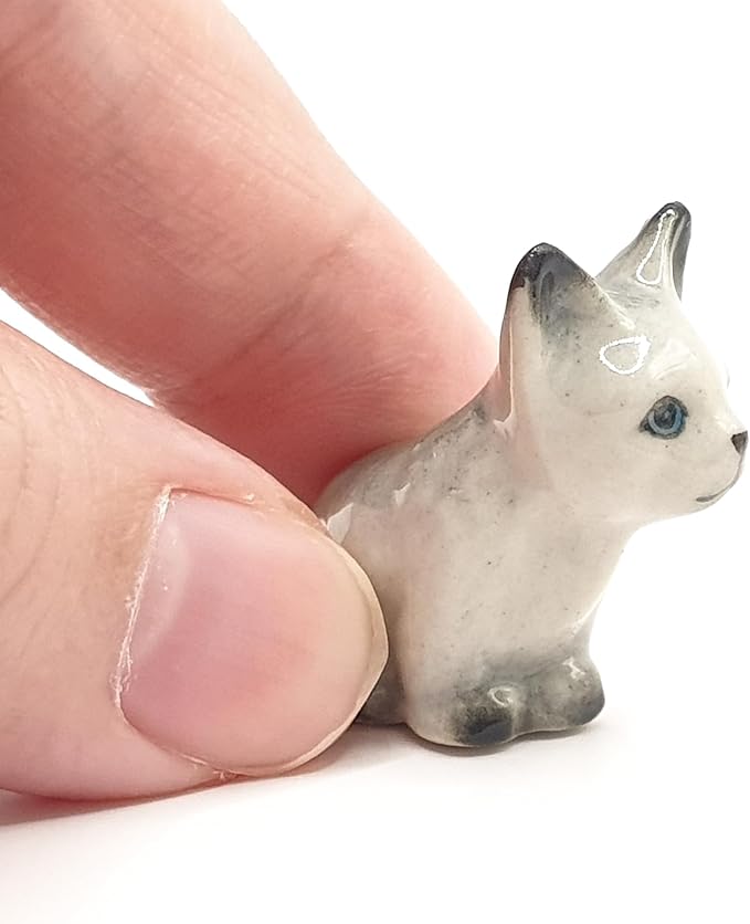 WitnyStore Tiny 1" Long Grey White Pointed Shorthair Cat Sitting Figurine - Miniature Hand Made Painted Ceramic Cats Kitten Feline Animal Cute Porcelain Decorative Collectible Figurines Décor Gifts