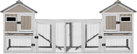 94''L Rabbit Hutch Outdoor Chicken Coop with Run, Wooden Indoor 2 Story Bunny House with Waterproof Roof, Pull Out Tray, Guinea Pig Rabbit Duck Cage for Small to Medium Animals and Pet Lover, Gray