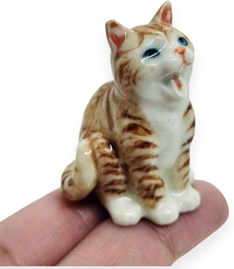 WitnyStore Tiny 1⅜" Long Brown White Tabby Shorthair Cat Sitting Yawn Figurine - Miniature Hand Made Painted Ceramic Cats Kitten Feline Animal Cute Porcelain Decorative Collectible Figures Décor Gifts