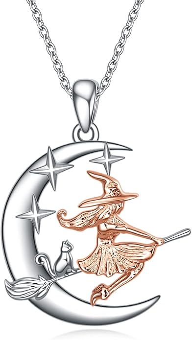 YFN Sterling Silver Cat Witch Necklace Hanging on Broom - Women's Witch Jewelry Gift