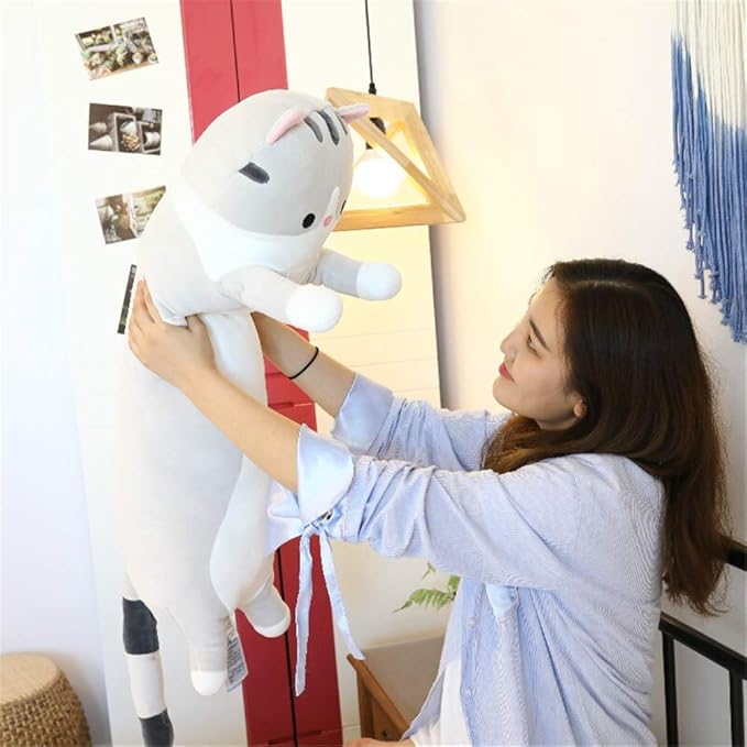 Lovely Plush Cat Doll Cute Cartoon Soft Stuffed Kitten Long Throw Sleeping Pillow Toy Gift for Kids Girlfriend Multiple Size (Grey,90cm/35.4in)