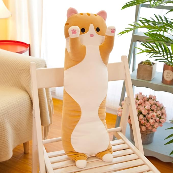 43.32in Long Yellow Cat Plush Pillow Toy Sleeping Pillow Cute Cartoon Cat Stuffed Animals Soft Long Body Pillow Gift for Kids Adults