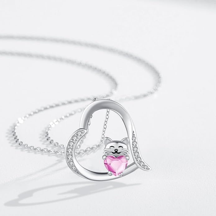 JUSTKIDSTOY Sterling Silver Cute Animal Pendant Necklace with Crystal Cat Pendant - Women's Cat Lovers Jewelry Gift