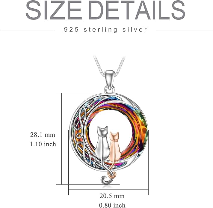 TOUPOP Cat Gifts for Cat Lovers 1 2 3 Cats Necklace Sterling Silver Cat on the Moon Pendant Necklace with Blue Circle Crystal Birthday Christmas Celtic Jewelry Gifts for Women