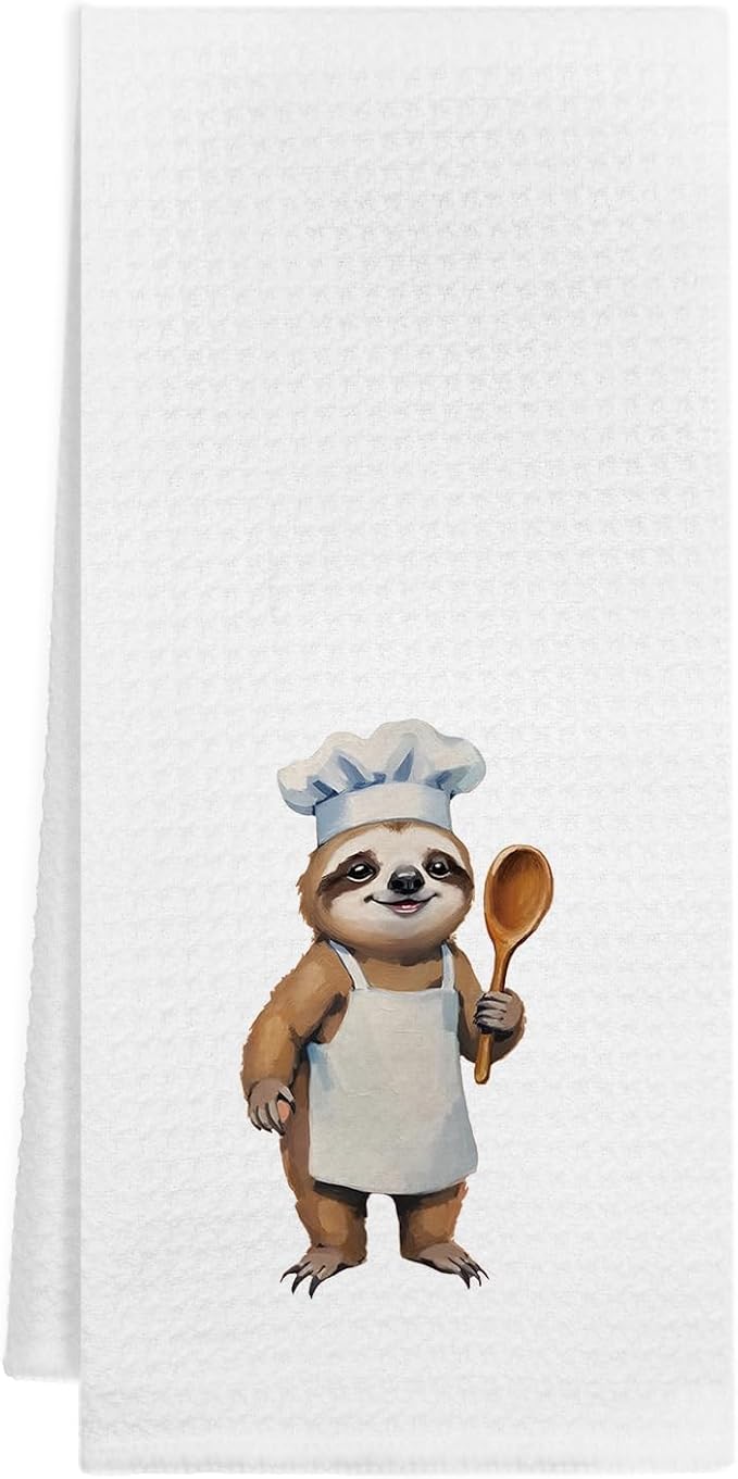 Whimsical Chef Sloth Kitchen Towels, Sloth Lover Gifts Decorative Dish Tea Towels for Kitchen, Cute Animal Kids Hand Towels, 16x24 Inch