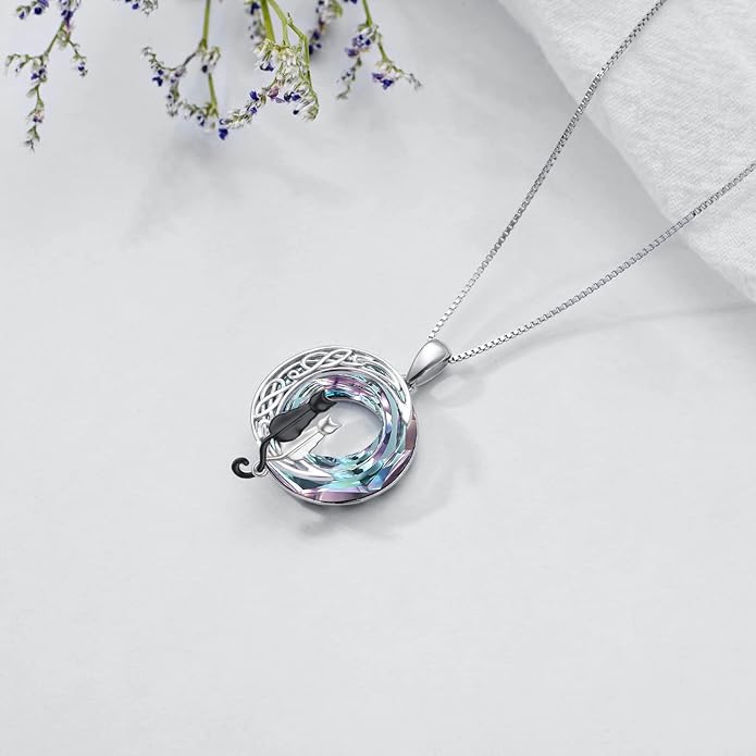 TOUPOP Cat Gifts for Cat Lovers 1 2 3 Cats Necklace Sterling Silver Cat on the Moon Pendant Necklace with Blue Circle Crystal Birthday Christmas Celtic Jewelry Gifts for Women