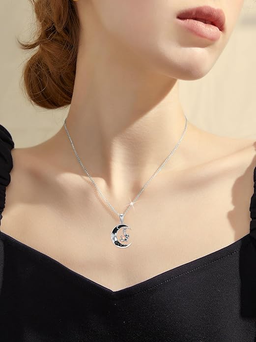 Gothic Jewelry Bat/Cat/Wolf/Dragon/Owl/Fox/Spider/Sun Pendant Sterling Silver Crescent Moon Necklace for Women Girls Black Jewelry Gifts