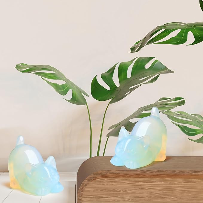 Opal Opalite Cat Crystal Statue Stone Carved Figurines for Lazy Cat Healing Crystals Spiritual Sculpture Desk Office Room Home Decoration Lucky Kitten Gifts for Cat Lovers Women Men