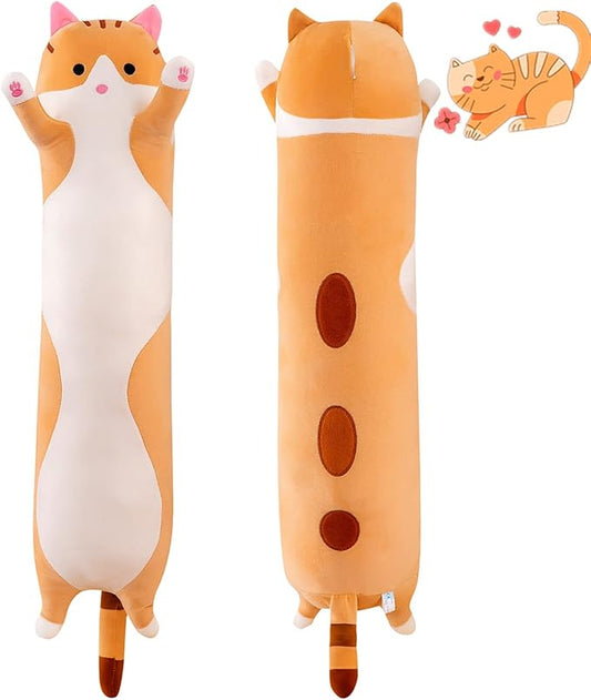 Long Yellow Cat Plush Pillow Toy Sleeping Pillow Cute Cartoon Cat Stuffed Animals Soft Long Body Pillow Gift for Kids (27.55in)