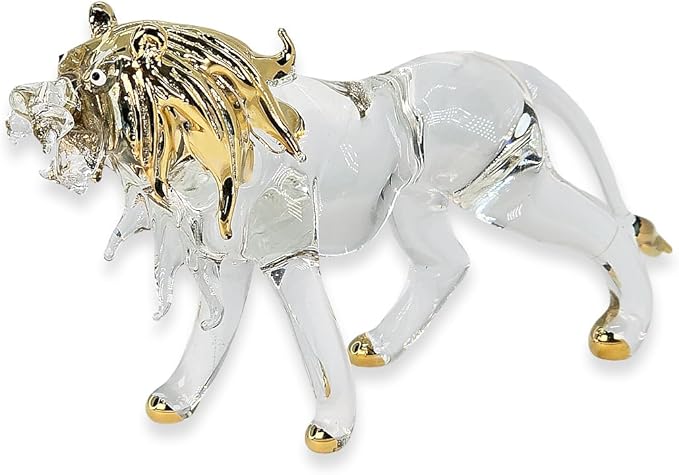 WitnyStore Tiny 5" Long Clear Gold Standing Lion Roaring Figurine - Miniature Hand Blown Painted Glass Panthera Wild Cat Small Crystal Wildlife Animals Decorative Collectible Figurines Décor Gifts