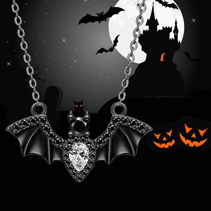 Halloween Bat Necklace for Women Sterling Silver Black Bat Pendant Necklace Gothic Flying Animal