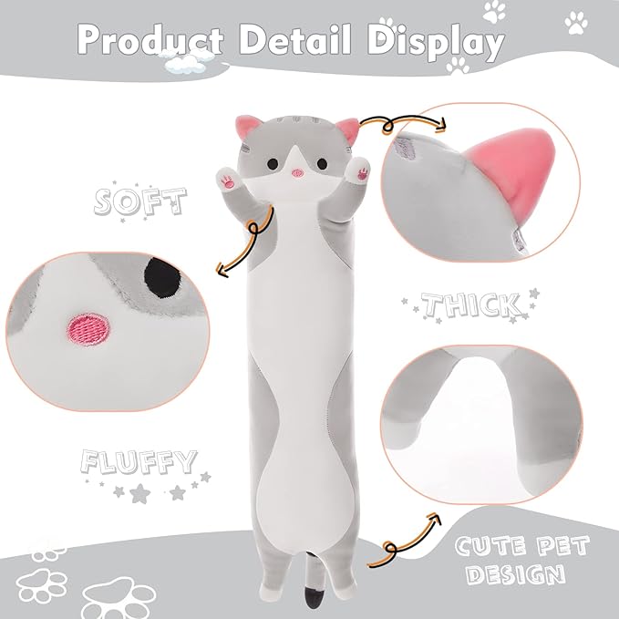 Long Cat Plush Pillow, 35.4in Cute Cat Plushie Stuffed Animals Body Pillow, Grey Kawaii Kitten Soft Plushie Doll Toy Birthday Gift for Kids Girlfriend