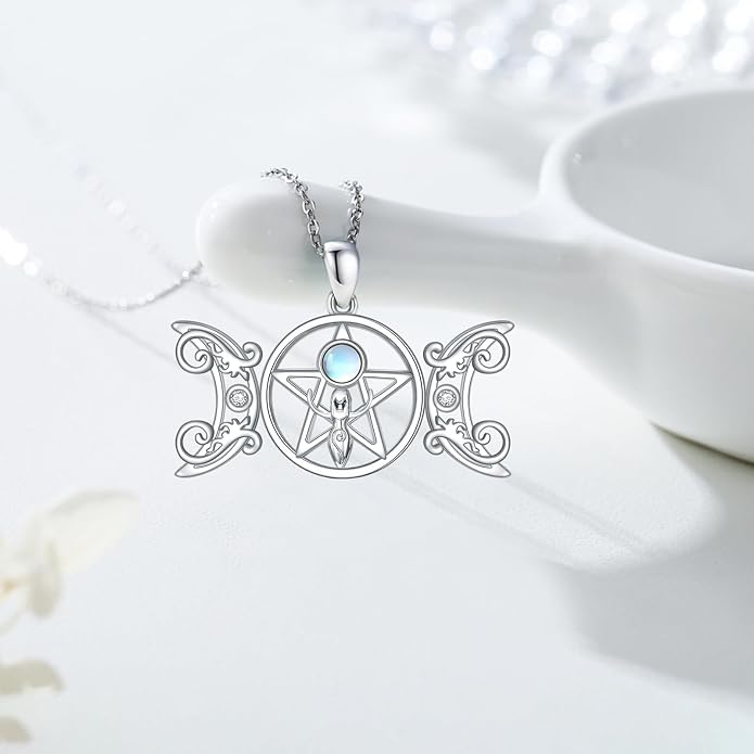 Witch Necklace 925 Sterling Silver Pentagram Triple Moon Pentacle Pendant Wiccan Pagan Jewelry Witchy Gifts for Women